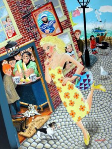 Gossamer Beynon skolelæreren passerer Sailors Arms og hendes mange beundrere, 2005 (akryl på panel)